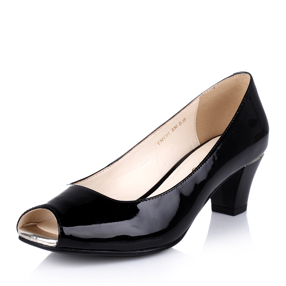 basto/百思图春季黑色漆牛皮女鱼嘴鞋tmc01au4简约粗跟