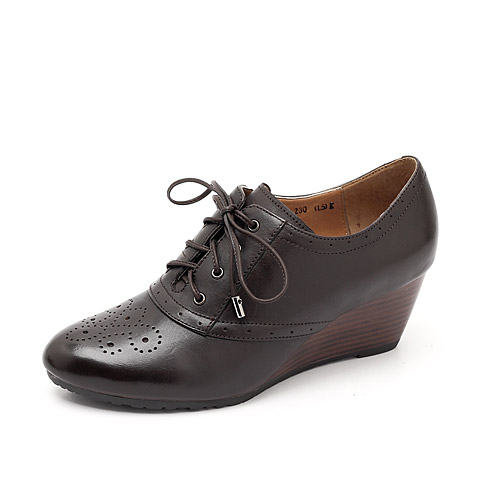 bata/拔佳秋季黑色牛皮简约复古坡跟女鞋axk21d