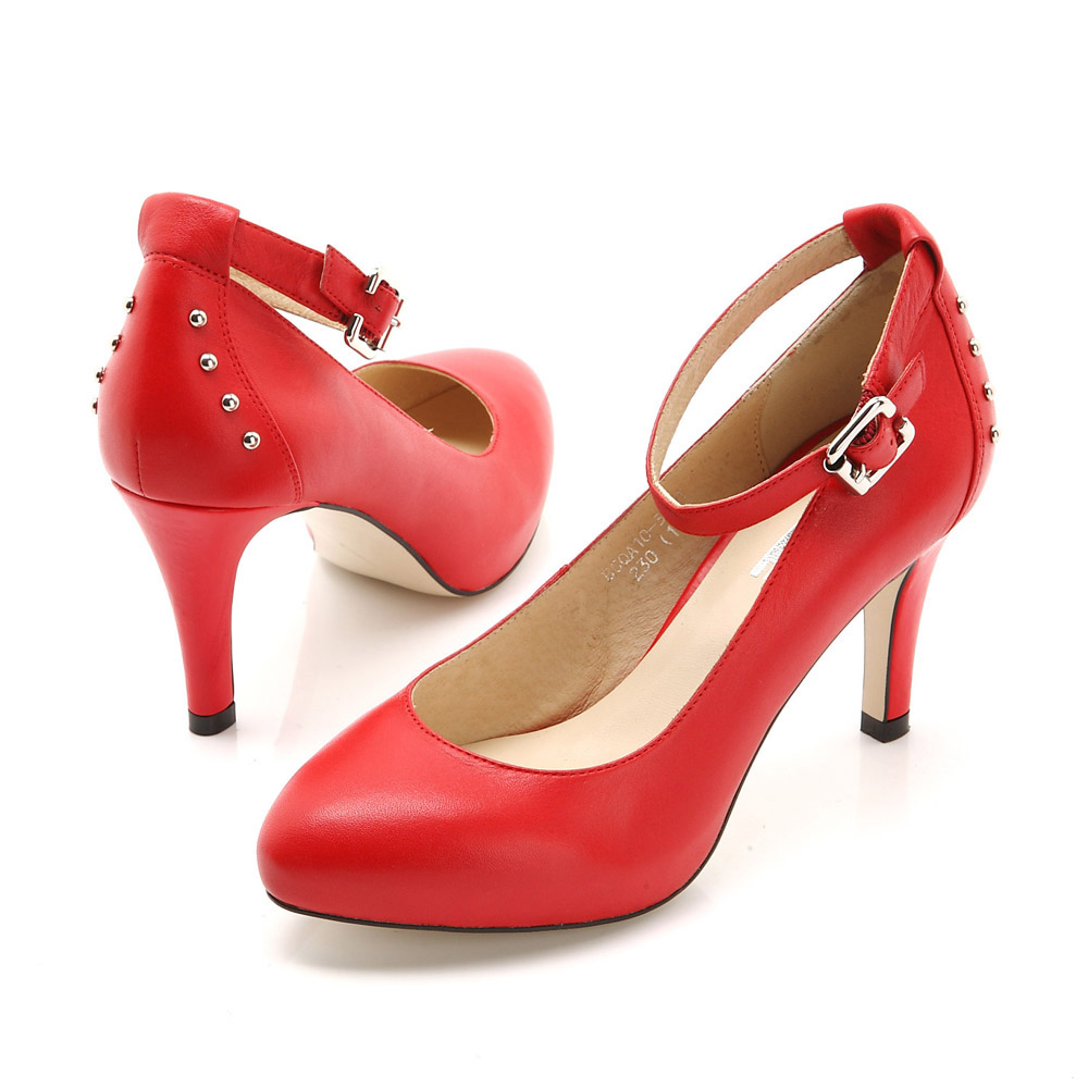 belle/百丽春季红色牛皮女单鞋a10-3aq1