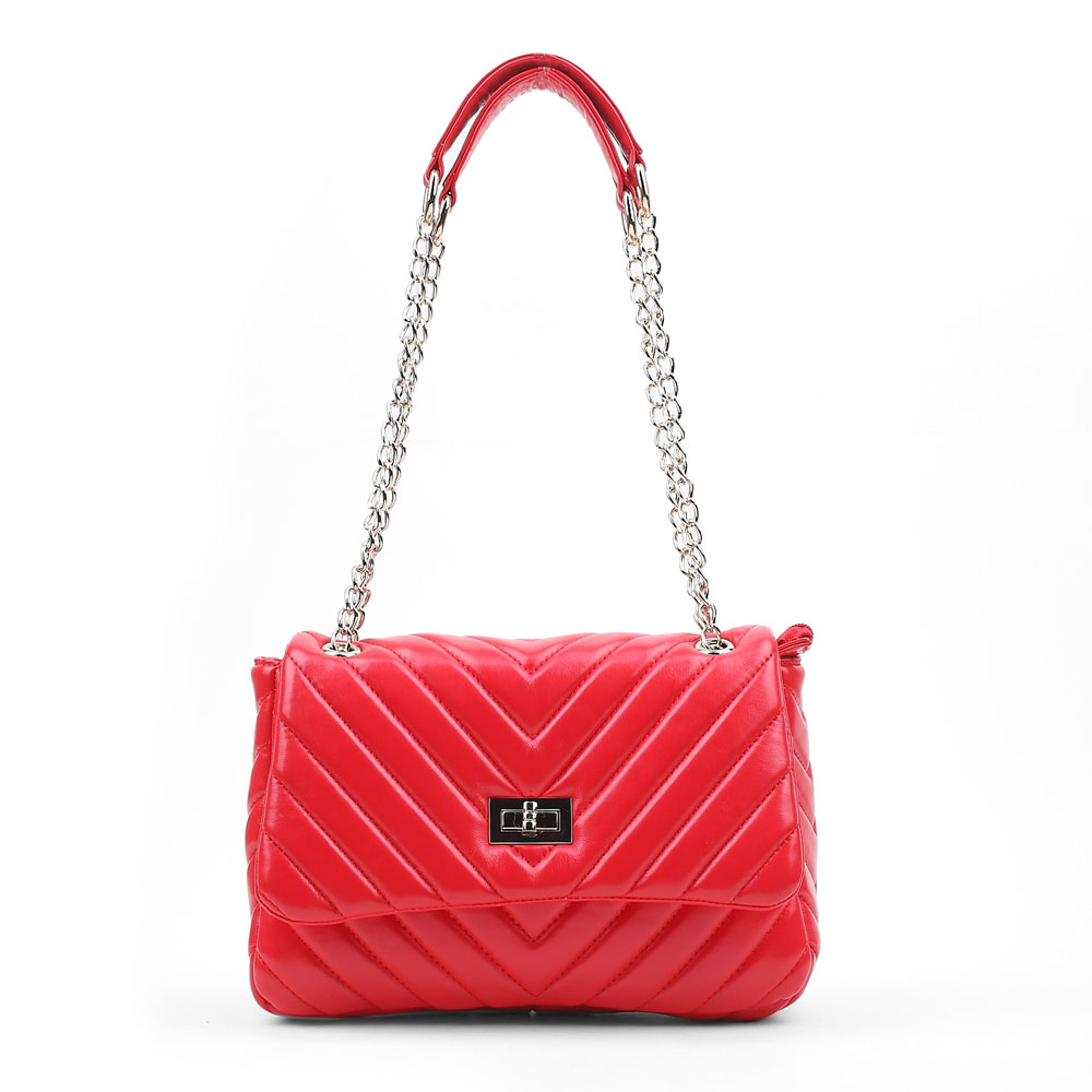 belle/百丽秋季红色羊仔纹pu车线装饰时尚包包fa670cx1