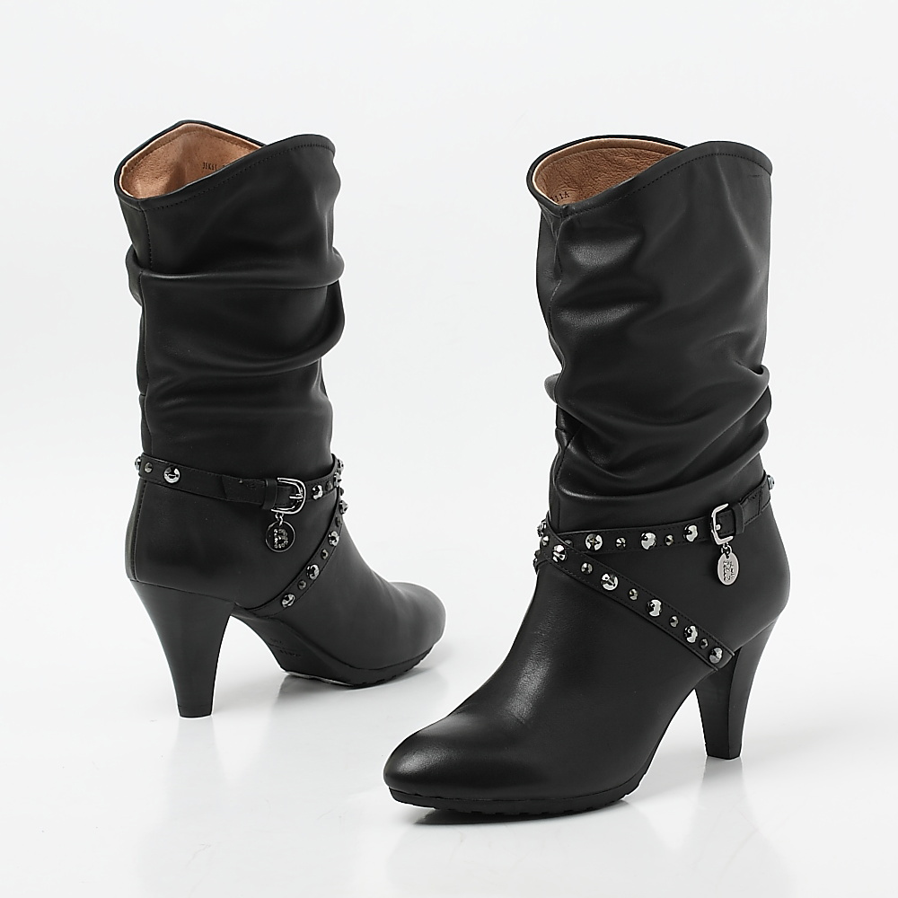 belle/百丽冬季黑色油蜡牛皮女皮靴 3sk61dz1