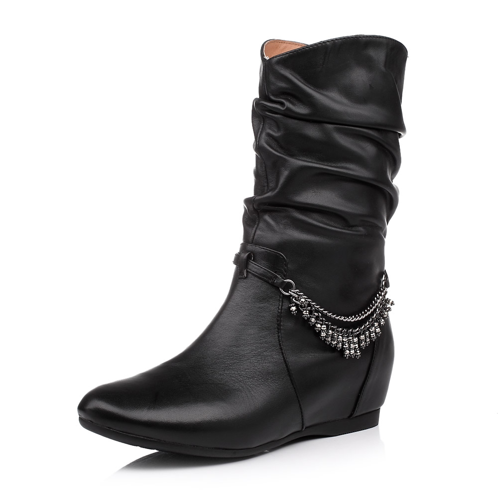 belle/百丽冬季黑绵羊皮女皮靴3faa7dz2