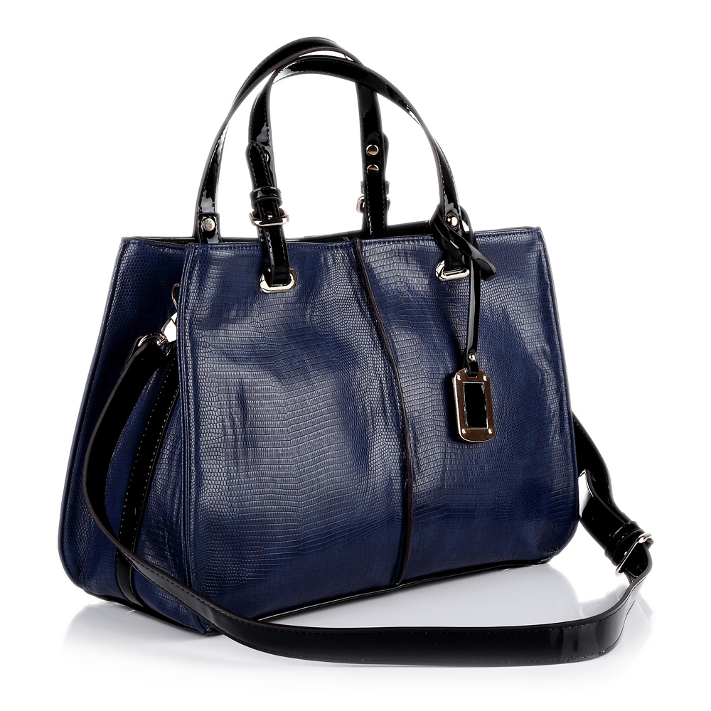 belle/百丽冬季蓝色pu革拼接手袋51695dx3