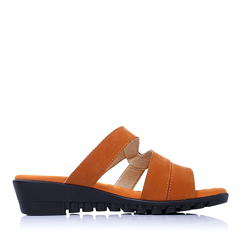 belle/百丽2015年夏季橙/黑混合材料撞色坡跟女鞋656-1bt5