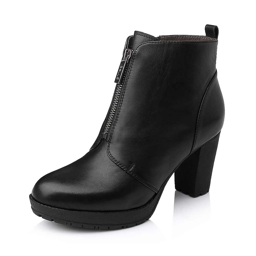 belle/百丽冬季黑色时尚牛皮革女靴bdp49dd5