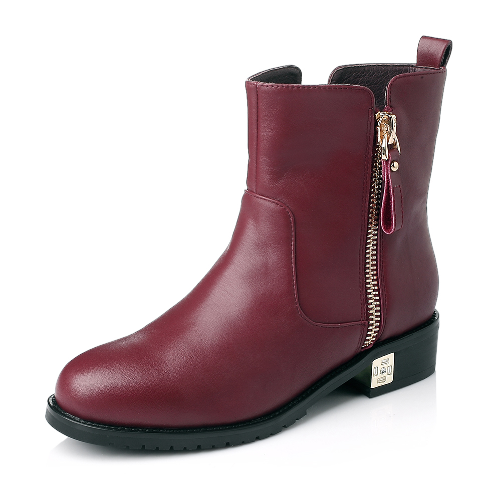 teenmix/天美意冬季酒红色牛皮女短靴03-11dd5